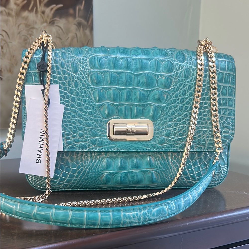 Brahmin Aqua Crocodile Embossed Rosalie Shoulder Bag in Mermaid 🩵